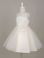 Blumenmädchen Kleider A-Linie- Elfenbeinfarbe Abendkleider für Hochzeit knielang Illusion Ausschnitt Satingewebe ärmellos kleid blumenmädchen