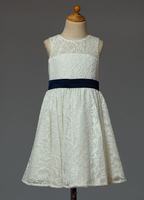 Blumenmädchen Kleider A-Linie- Elfenbeinfarbe Abendkleider für Hochzeit knielang Illusion Ausschnitt Spitze ärmellos kleid blumenmädchen