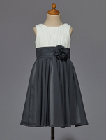 Blumenmädchen Kleider A-Linie- Elfenbeinfarbe Abendkleider für Hochzeit knielang mit Rundkragen Chiffon ärmellos kleid blumenmädchen