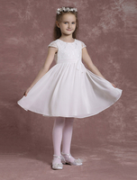 Blumenmädchen Kleider A-Linie- Elfenbeinfarbe Abendkleider für Hochzeit knielang mit Rundkragen Hochzeit Chiffon Knöpfe kleid blumenmädchen