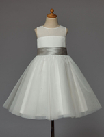 Blumenmädchen Kleider A-Linie- Elfenbeinfarbe Abendkleider für Hochzeit knielang mit Rundkragen Satingewebe ärmellos kleid blumenmädchen