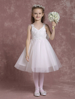 Blumenmädchen Kleider A-Linie- Elfenbeinfarbe Abendkleider für Hochzeit knielang V-Ausschnitt Hochzeit Satingewebe kleid blumenmädchen