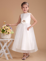 Blumenmädchen Kleider A-Linie- Elfenbeinfarbe Abendkleider für Hochzeit wadenlang mit Rundkragen Hochzeit Satingewebe ärmellos