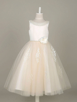 Blumenmädchen Kleider A-Linie- Elfenbeinfarbe Abendkleider für Hochzeit wadenlang mit Rundkragen Satingewebe ärmellos kleid blumenmädchen