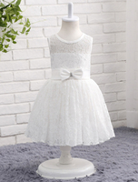 Blumenmädchen Kleider A-Linie- Elfenbeinweiß Abendkleider für Hochzeit knielang mit Rundkragen Hochzeit Spitze ärmellos kleid blumenmädchen