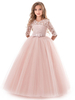 Blumenmädchen Kleider A-Linie- Hellrosa Abendkleider für Hochzeit bodenlang mit Rundkragen Hochzeit Tüll 1/2 Ärmel kleid blumenmädchen