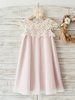 Blumenmädchen Kleider A-Linie- Hellrosa Abendkleider für Hochzeit knielang mit Rundkragen Hochzeit Chiffon Kurzarm kleid blumenmädchen