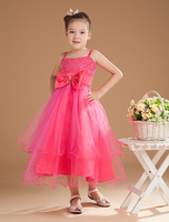 Blumenmädchen Kleider A-Linie- Knallrosa Abendkleider für Hochzeit wadenlang viereckiger Ausschnitt Tüll ärmellos kleid blumenmädchen