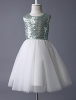 Blumenmädchen Kleider A-Linie- Mintgrün Abendkleider für Hochzeit knielang mit Rundkragen und Pailletten bestickt ärmellos kleid blumenmädchen