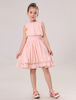 Blumenmädchen Kleider A-Linie- Peach Abendkleider für Hochzeit Kinder Ballkleider knielang mit Rundkragen Hochzeit Chiffon ärmellos