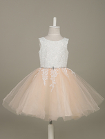 Blumenmädchen Kleider A-Linie- Peach Abendkleider für Hochzeit knielang mit Rundkragen Hochzeit Satingewebe ärmellos kleid blumenmädchen