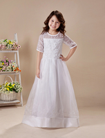 Blumenmädchen Kleider A-Linie- Weiß Abendkleider für Hochzeit bodenlang mit Rundkragen Hochzeit Organza 1/2 Ärmel kleid blumenmädchen
