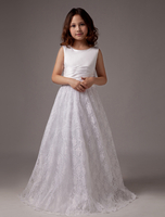 Blumenmädchen Kleider A-Linie- Weiß Abendkleider für Hochzeit bodenlang mit Rundkragen Hochzeit Satingewebe ärmellos kleid blumenmädchen