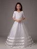 Blumenmädchen Kleider A-Linie- Weiß Abendkleider für Hochzeit bodenlang V-Ausschnitt Hochzeit Satingewebe 1/2 Ärmel kleid blumenmädchen