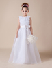 Blumenmädchen Kleider A-Linie- Weiß Abendkleider für Hochzeit Kleider für Wienblumenmädchen bodenlang mit Rundkragen Hochzeit Tüll ärmellos