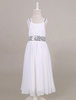 Blumenmädchen Kleider A-Linie- Weiß Abendkleider für Hochzeit wadenlang mit Pailletten bestickt Hochzeit ärmellos und Reißverschluss