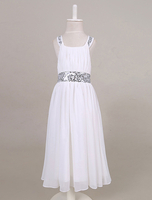 Blumenmädchen Kleider A-Linie- Weiß Abendkleider für Hochzeit wadenlang mit Pailletten bestickt Hochzeit ärmellos und Reißverschluss