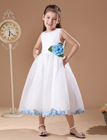 Blumenmädchen Kleider A-Linie- Weiß Abendkleider für Hochzeit wadenlang mit Rundkragen Hochzeit Organza ärmellos kleid blumenmädchen