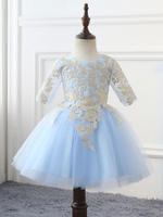 Blumenmädchen Kleider Babyblau Abendkleider für Hochzeit Tüll 1/2 Ärmel Prinzessin Hochzeit mit Rundkragen kleid blumenmädchen knielang