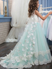 Blumenmädchen Kleider Babyblau Abendkleider für Hochzeit Tüll ärmellos Prinzessin Hochzeit mit Rundkragen kleid blumenmädchen Mit Schleppe