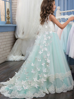 Blumenmädchen Kleider Babyblau Abendkleider für Hochzeit Tüll ärmellos Prinzessin Hochzeit mit Rundkragen kleid blumenmädchen Mit Schleppe