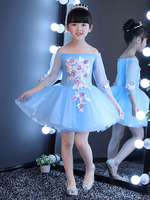Blumenmädchen Kleider Blau Abendkleider für Hochzeit Tüll 3/4 Ärmel Prinzessin Hochzeit mit Bateau-Kragen kleid blumenmädchen Mini-Kleid