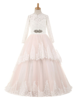 Blumenmädchen Kleider Blushrosa Abendkleider für Hochzeit Satingewebe Langarm Prinzessin Hochzeit mit Rundkragen kleid blumenmädchen bodenlang