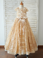 Blumenmädchen Kleider Champagner Abendkleider für Hochzeit mit Pailletten bestickt Kurzarm Prom- Hochzeit Herz-Ausschnitt bodenlang