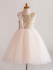 Blumenmädchen Kleider Champagner Abendkleider für Hochzeit mit Pailletten bestickt ärmellos Prinzessin und Rundkragen knielang