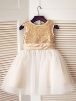 Blumenmädchen Kleider Champagner Abendkleider für Hochzeit mit Pailletten bestickt ärmellos Prinzessin und Rundkragen knielang