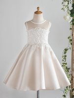 Blumenmädchen Kleider Champagner Abendkleider für Hochzeit Satingewebe ärmellos Prinzessin Hochzeit mit Rundkragen kleid blumenmädchen knielang