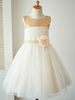 Blumenmädchen Kleider Champagner Abendkleider für Hochzeit Satingewebe ärmellos Prinzessin Hochzeit mit Rundkragen kleid blumenmädchen knielang