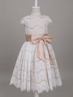 Blumenmädchen Kleider Champagner Abendkleider für Hochzeit Spitze Kurzarm A-Linie- Hochzeit mit Rundkragen kleid blumenmädchen knielang