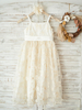 Blumenmädchen Kleider Champagner Abendkleider für Hochzeit Spitze ärmellos Prinzessin Hochzeit viereckiger Ausschnitt knielang