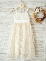 Blumenmädchen Kleider Champagner Abendkleider für Hochzeit Spitze ärmellos Prinzessin Hochzeit viereckiger Ausschnitt knielang