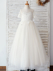 Blumenmädchen Kleider Champagner Abendkleider für Hochzeit Tüll Kurzarm Prinzessin Hochzeit mit Rundkragen kleid blumenmädchen bodenlang