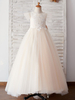 Blumenmädchen Kleider Champagner Abendkleider für Hochzeit Tüll Kurzarm Prinzessin Hochzeit mit Rundkragen kleid blumenmädchen bodenlang Knöpfe