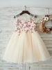 Blumenmädchen Kleider Champagner Abendkleider für Hochzeit Tüll Kurzarm Prinzessin Hochzeit mit Rundkragen kleid blumenmädchen knielang