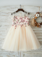 Blumenmädchen Kleider Champagner Abendkleider für Hochzeit Tüll Kurzarm Prinzessin Hochzeit mit Rundkragen kleid blumenmädchen knielang