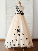 Blumenmädchen Kleider Champagner Abendkleider für Hochzeit Tüll Kurzarm Prinzessin Hochzeit mit Rundkragen kleid blumenmädchen Mit Schleppe