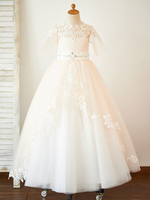 Blumenmädchen Kleider Champagner Abendkleider für Hochzeit Tüll Kurzarm Prinzessin Hochzeit mit Rundkragen kleid blumenmädchen und Schleppe