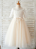 Blumenmädchen Kleider Champagner Abendkleider für Hochzeit Tüll Kurzarm Prinzessin Hochzeit mit Rundkragen kleid blumenmädchen wadenlang