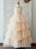 Blumenmädchen Kleider Champagner Abendkleider für Hochzeit Tüll ärmellos Prinzessin Hochzeit Halskragen kleid blumenmädchen bodenlang