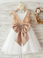 Blumenmädchen Kleider Champagner Abendkleider für Hochzeit Tüll ärmellos Prinzessin Hochzeit mit Rundkragen kleid blumenmädchen knielang