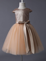 Blumenmädchen Kleider Champagner Abendkleider für Hochzeit mit Pailletten bestickt Kurzarm A-Linie- Hochzeit und Rundkragen knielang
