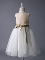 Blumenmädchen Kleider Champagner Abendkleider für Hochzeit Tüll ärmellos A-Linie- Hochzeit mit Rundkragen kleid blumenmädchen knielang