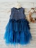 Blumenmädchen Kleider Dunkelmarineblau Abendkleider für Hochzeit mit Pailletten bestickt ärmellos Prinzessin und Rundkragen knielang