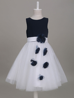 Blumenmädchen Kleider Dunkelmarineblau Abendkleider für Hochzeit Satingewebe ärmellos A-Linie- Hochzeit mit Rundkragen kleid blumenmädchen knielang