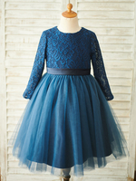 Blumenmädchen Kleider Dunkelmarineblau Abendkleider für Hochzeit Tüll Langarm Prinzessin Hochzeit mit Rundkragen kleid blumenmädchen knielang