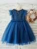 Blumenmädchen Kleider Dunkelmarineblau Abendkleider für Hochzeit Tüll Prinzessin mit Rundkragen Hochzeit knielang kleid blumenmädchen